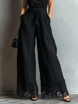 Black Lace-trimmed Wide-leg Pants Set